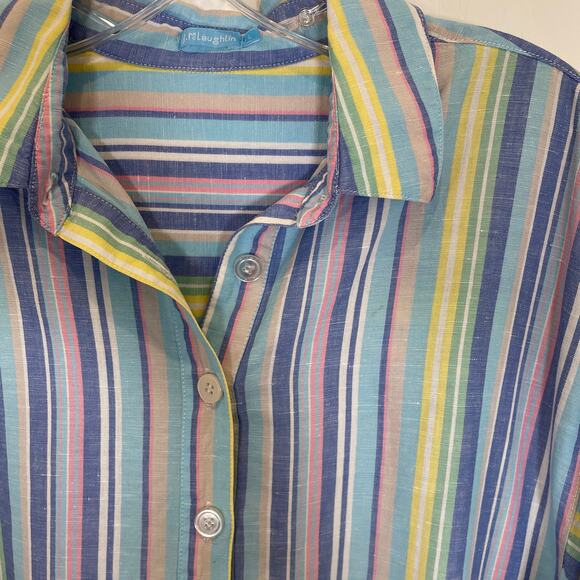 J. McLaughlin Fallon Tunic Blouse Candy Striped Linen Cotton Blue Pink L - Picture 6 of 7